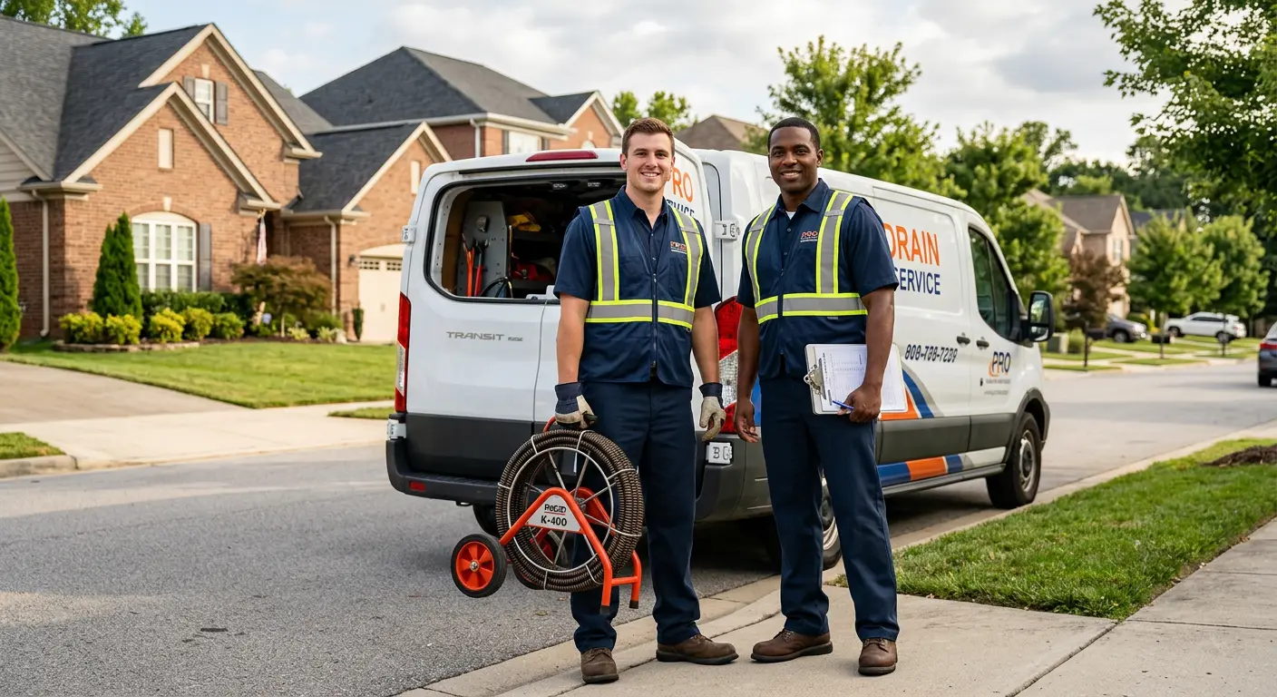 Sewer and drain service team with equipment ready for work in Gladstone