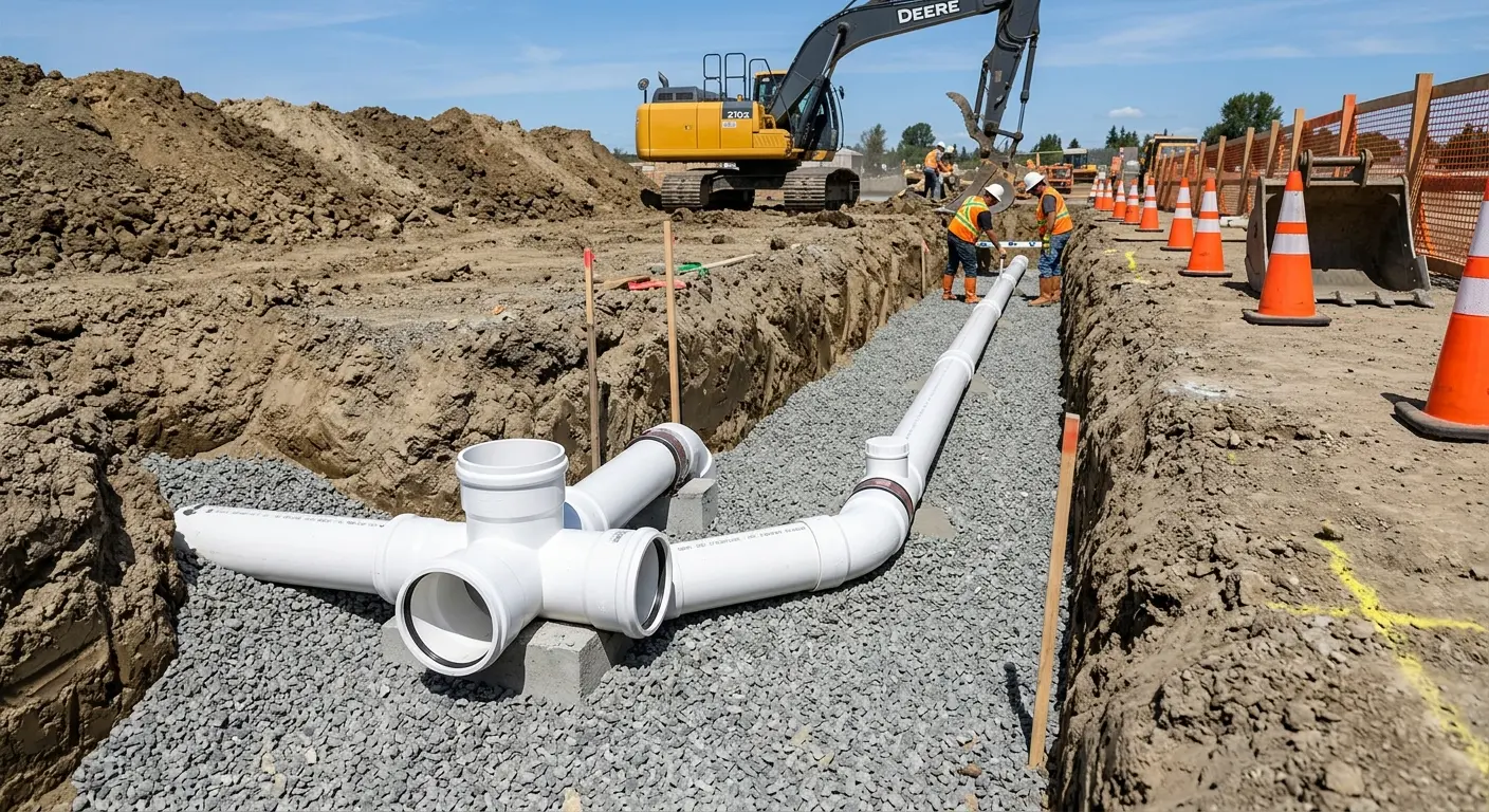 New PVC sewer pipe installation in open trench for Grease Trap Cleaning in Gladstone