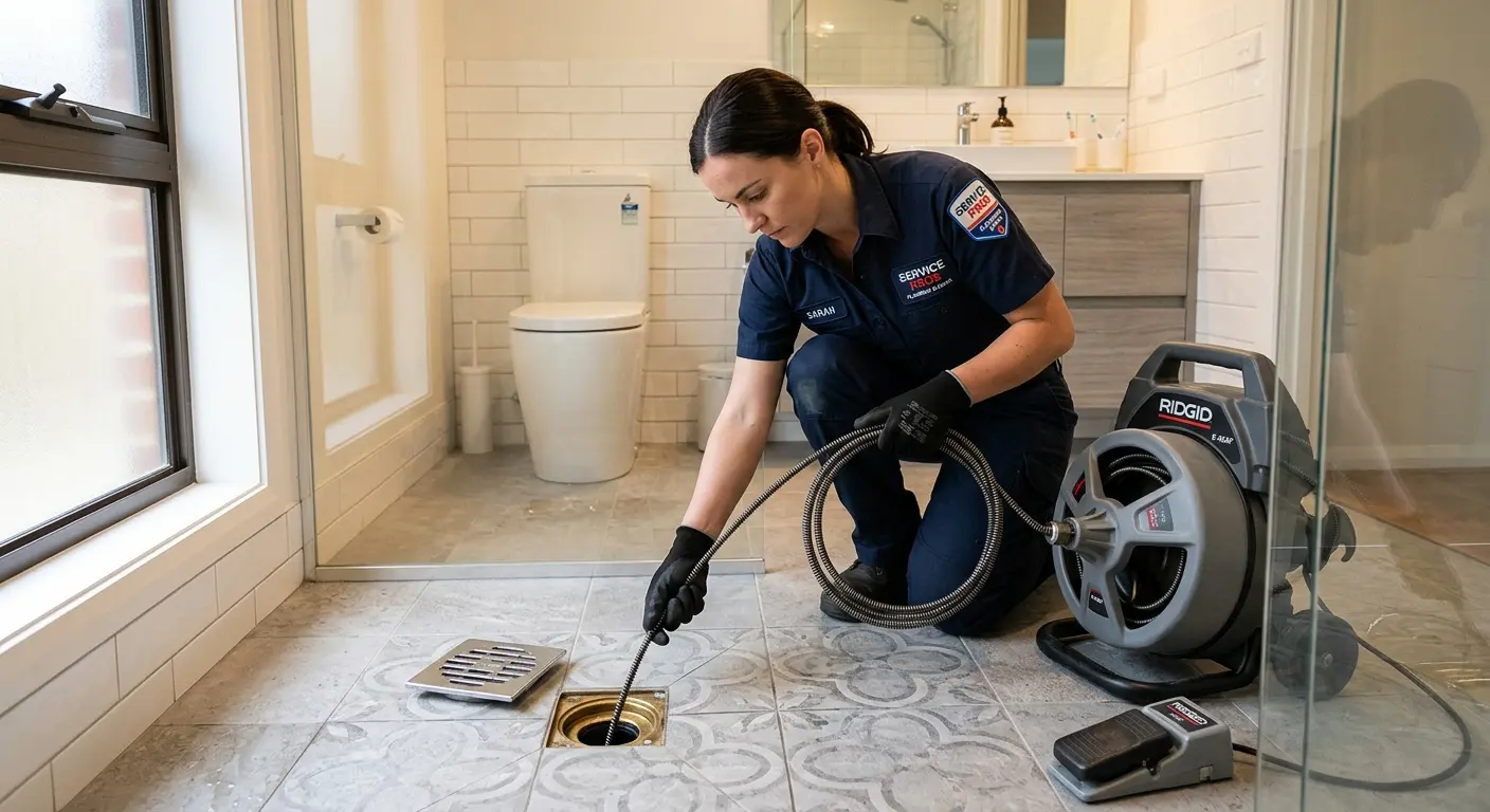 Technician clearing a bathroom floor drain for Drain Cleaning in Gladstone